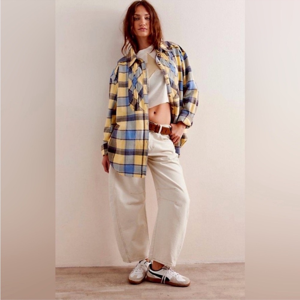 FREE PEOPLE Layla Plaid Shirt We The Free Yellow Combo NWOT